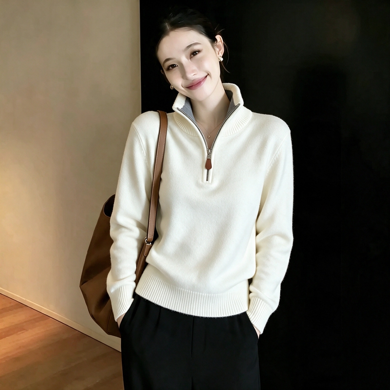 Recommended Item for Personal Collection~ Lazy Style High-Neck Half-Zip Soft Knit Sweater Versatile Short Top for Women Autumn/Winter Recommended Item for Personal Collection~ Lazy Style High-Neck Half-Zip Soft Knit Sweater Versatile Short Top for Women Autumn/Winter