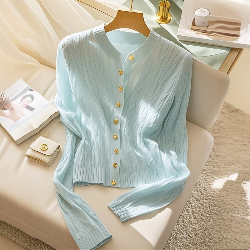 Outlet Clearance: Branded Chanel-Style Mint Blue Cable Knit Wool Top for Women, Spring and Autumn