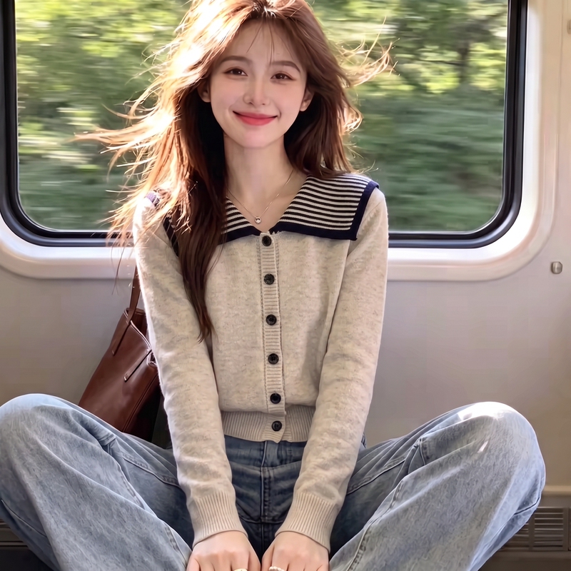 Recommended Style~ Lazy and Loose-Fitting Navy Collar Color-Block Striped Long-Sleeve Knitted Cardigan Sweater Jacket for Women, Autumn and Winter Recommended Style~ Lazy and Loose-Fitting Navy Collar Color-Block Striped Long-Sleeve Knitted Cardigan Sweater Jacket for Women, Autumn and Winter