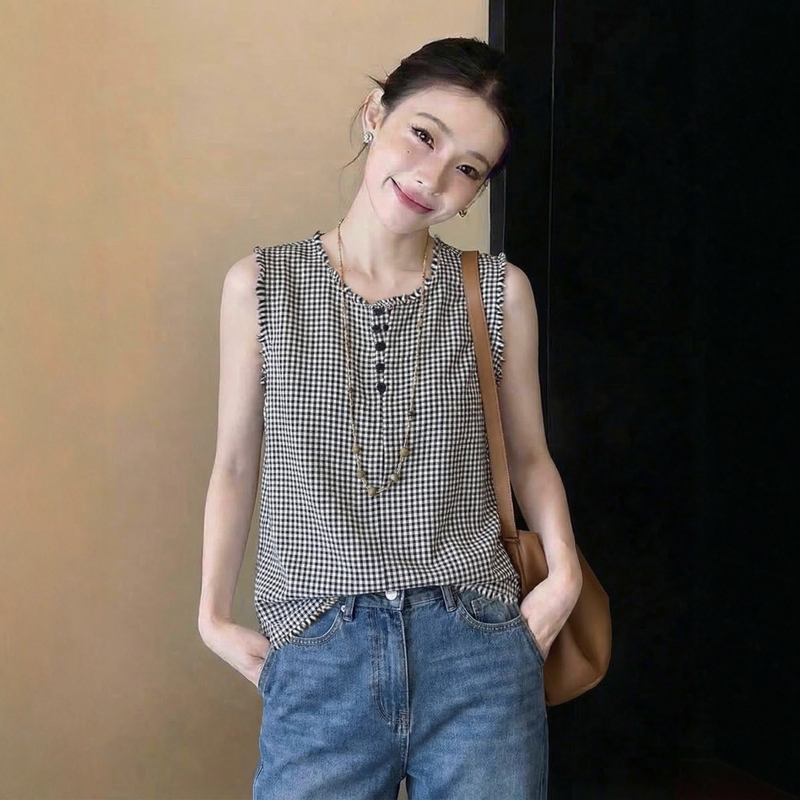 Outlet Clearance Brand Vintage Hong Kong Style Round Neck Pullover Plaid Linen Sleeveless Vest Top for Women Summer Outlet Clearance Brand Vintage Hong Kong Style Round Neck Pullover Plaid Linen Sleeveless Vest Top for Women Summer