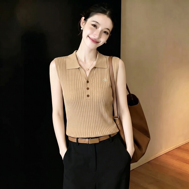 High-Quality Items for Personal Collection Recommended~ Old Money Style Polo Collar Knitted Vest for Women, Summer Sleeveless, Elegant and Slimming Top for Commuting