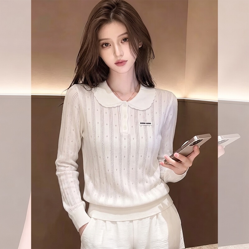 High-Quality Personal Favorite Recommendation~ White Doll Collar Hollow-Out Long-Sleeve Knit Sweater, Versatile Cashmere Top for Women in Early Autumn High-Quality Personal Favorite Recommendation~ White Doll Collar Hollow-Out Long-Sleeve Knit Sweater, Versatile Cashmere Top for Women in Early Autumn