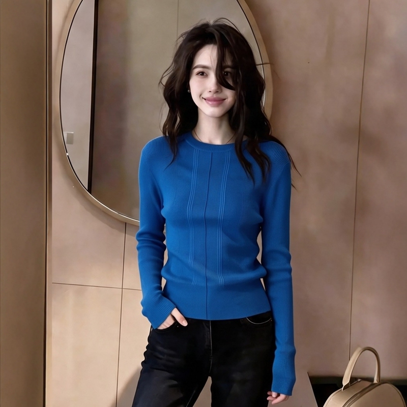 Recommended Item~ Mature Style Klein Blue Round Neck Long Sleeve Ribbed Knit Sweater Wool Base Layer Top for Women Autumn Recommended Item~ Mature Style Klein Blue Round Neck Long Sleeve Ribbed Knit Sweater Wool Base Layer Top for Women Autumn