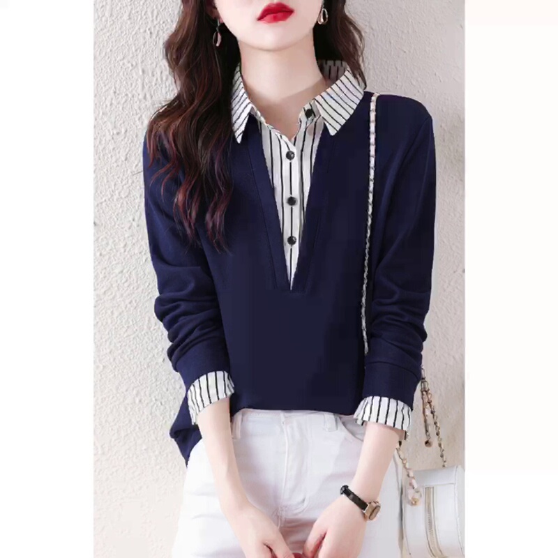 Outlet Clearance Brand Knit Sweater with Striped Shirt Design, Women's Faux Two-Piece Long-Sleeve Base Shirt Outlet Clearance Brand Knit Sweater with Striped Shirt Design, Women's Faux Two-Piece Long-Sleeve Base Shirt