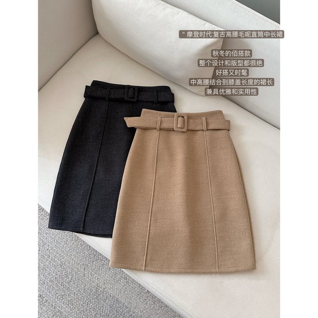 Lin Xiaxia high-waisted woolen mid-skirt winter slimming over-the-knee skirt temperament straight back slit skirt