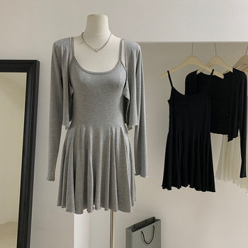 Lin Xia Xia Ballet Style Cardigan + Suspender Dress Two-Piece Set with Nude Draped and Slimming Look Figure-Showing Short Skirt Pure Desire