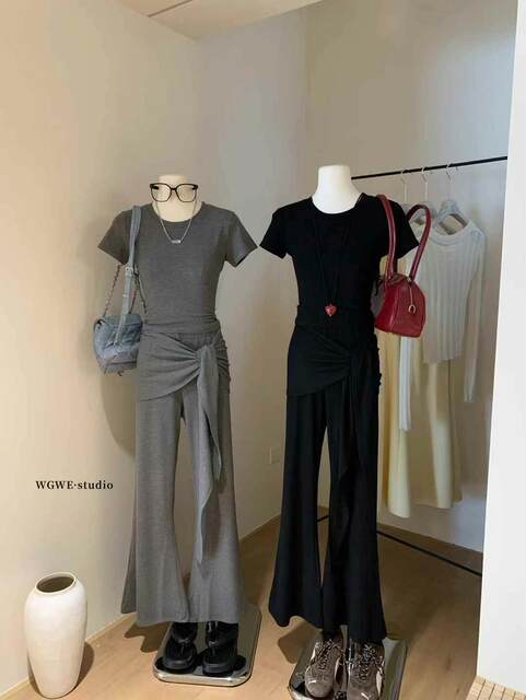 Lin Xi Xi Versatile Slim-Fit Short T-Shirt + Faux Two-Piece Tie-Up Flared Pants Super Stretchy Super Soft Yoga-Style Set