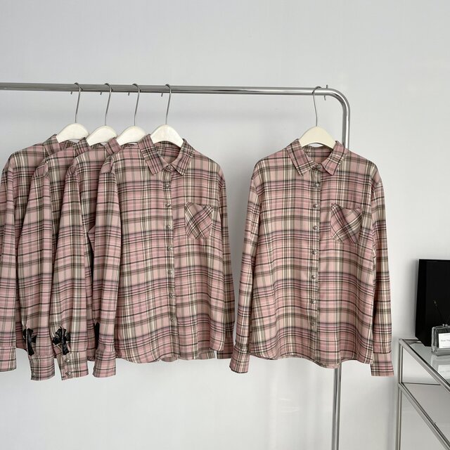 Lin Xi Xi Classic Pink Girly Plaid Long-Sleeve Loose Shirt Top Slimming Versatile Jacket for Women