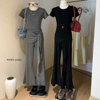 Lin Xi Xi Versatile Slim-Fit Short T-Shirt + Faux Two-Piece Tie-Up Flared Pants Super Stretchy Super Soft Yoga-Style Set