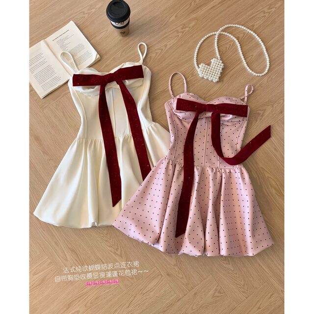 Lin Xiaxia's New French-Style Pure Desire Bow-Tie Waist-Cinching Slimming Polka Dot Women's Dress