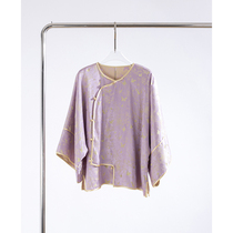 High-end new Chinese style series purple jacquard butterfly silk blend top for women