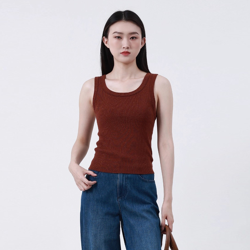 Amash 2025 Early Autumn Gold and Silver Thread Commuter Vertical Ribbed U-Neck Sleeveless Base Knit Vest Women's Clothing 538074