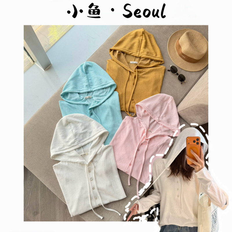 Five-Button Hooded Korean-Style Sun-Protective Long-Sleeve Shirt for Women, Versatile and Stylish Top T-Shirt