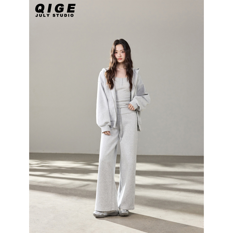 Custom High-Weight Gray American-Style Loose Sweatshirt Set for Women, Spring Casual Jacket and Sweatpants Three-Piece Set