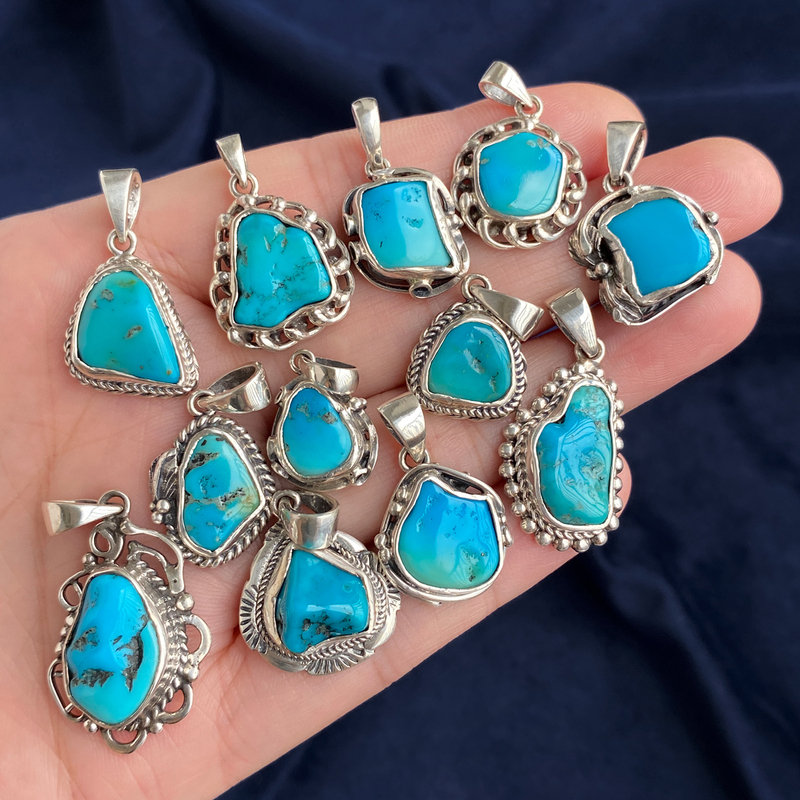 American Indian Blue Turquoise 925 Silver Handmade Natural Blue Turquoise Pendant Vintage Raw Stone Niche Turquoise