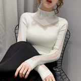 Демисезонный кружевной трикотажный эластичный приятный телу свитер, высокий воротник, в западном стиле