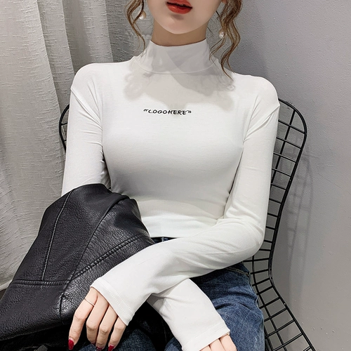 Демисезонный цветной приятный телу лонгслив, высокий воротник, облегающий крой, с вышивкой, в западном стиле