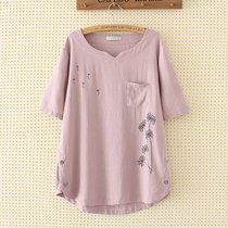 Fat MM summer clothes new hidden meat top 200kg fat plus size womens cotton linen printing thin fat sister T-shirt