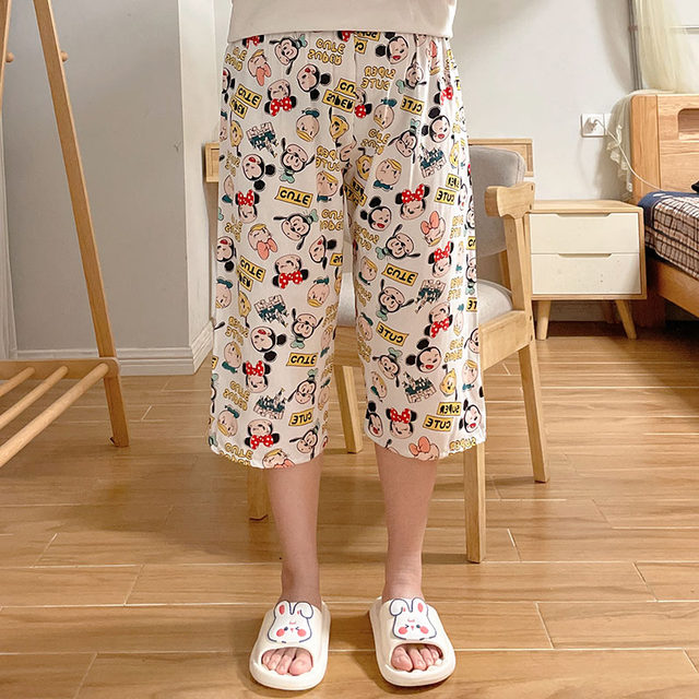 pajamas ຝ້າຍທຽມຂອງແມ່ຍິງ summer ຝ້າຍໄຫມ cropped pants ຝ້າຍບາງໆ pants ວ່າງຂະຫນາດໃຫຍ່ກາງເກງກາງເກງສັ້ນກາຕູນເຮືອນ