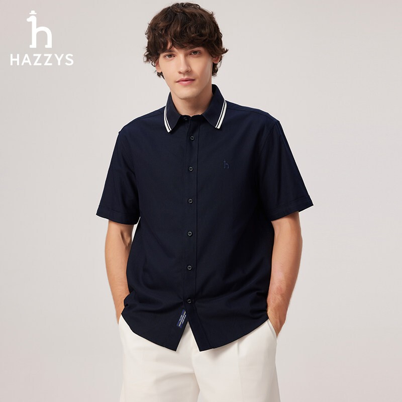 Hazzys Men's Short-Sleeved Shirt Simple Casual Solid Color Shirt Striped Contrast Collar Top