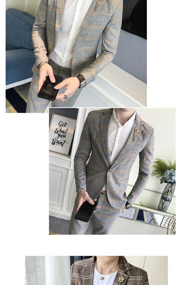 Bộ đồ kẻ sọc kẻ sọc phù hợp với nam Slim phiên bản Hàn Quốc của xu hướng kiểu tóc đẹp trai nhỏ phù hợp với chàng trai thủy triều đêm hai mảnh áo comple