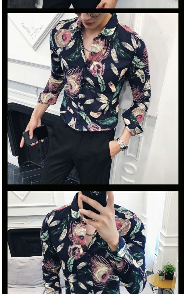Xã hội anh chàng áo sơ mi tinh thần lưới đỏ thủy triều nam tay dài áo hoa phiên bản Hàn Quốc của xu hướng tự tu luyện thợ làm áo sơ mi hoa áo sơ mi nam big size