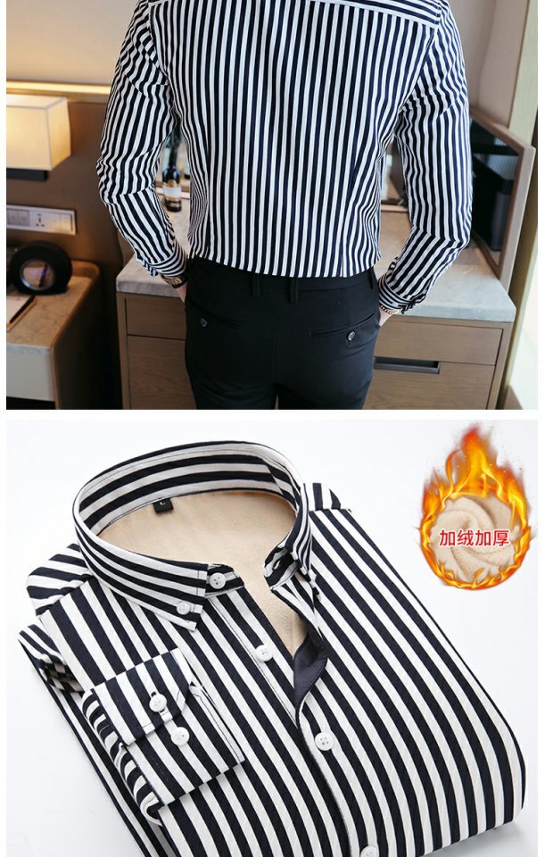 Mùa đông sọc dọc cộng với áo nhung nam tay dài Hàn Quốc Slim cotton trẻ trung áo đệm xu hướng quần áo ấm sơ mi nam cao cấp