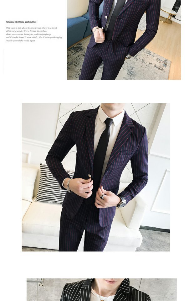 Bộ đồ kẻ sọc kẻ sọc phù hợp với nam Slim phiên bản Hàn Quốc của xu hướng kiểu tóc đẹp trai nhỏ phù hợp với chàng trai thủy triều đêm hai mảnh áo comple