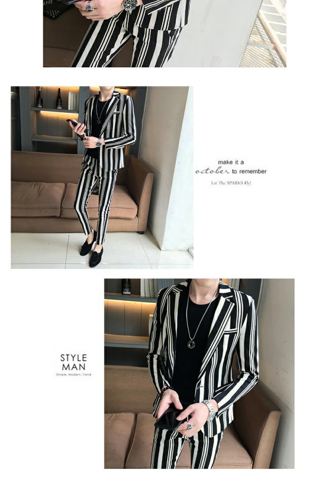 Mùa thu giản dị sọc phù hợp với nam Slim Thanh niên Hàn Quốc Xu hướng tóc của nhà tạo mẫu nhỏ phù hợp với hai mảnh bộ vest nam