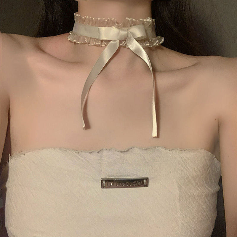 Pure and alluring Lolita style choker necklace with ribbon bow choker, collarbone chain, and gentle lace neck chain for women.