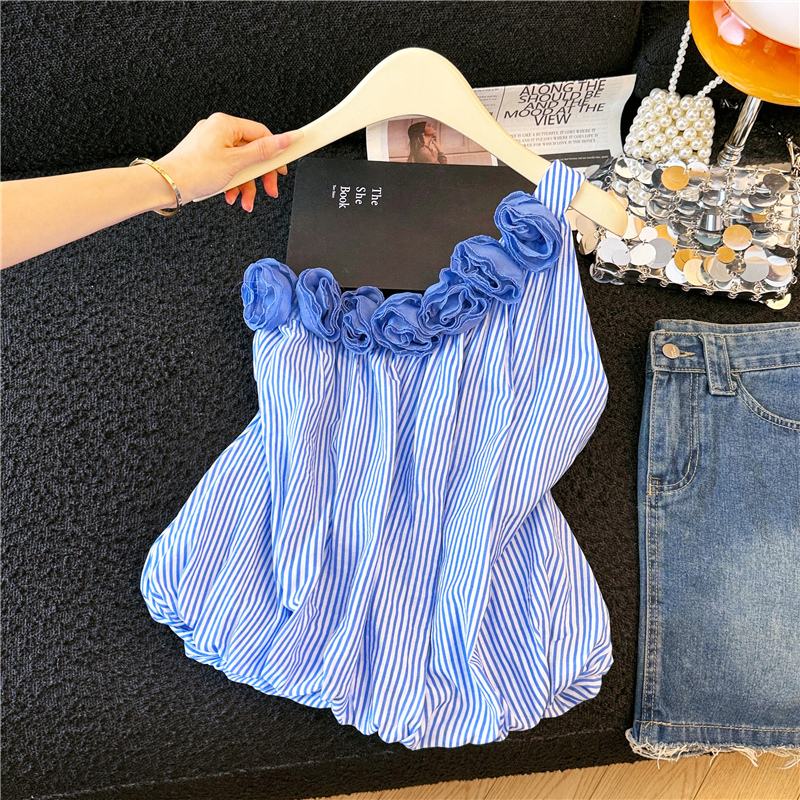 Blue Floral Off-Shoulder Striped Camisole for Women, Summer Thai Style, Stunning Dopamine Vacation Style Floral Top