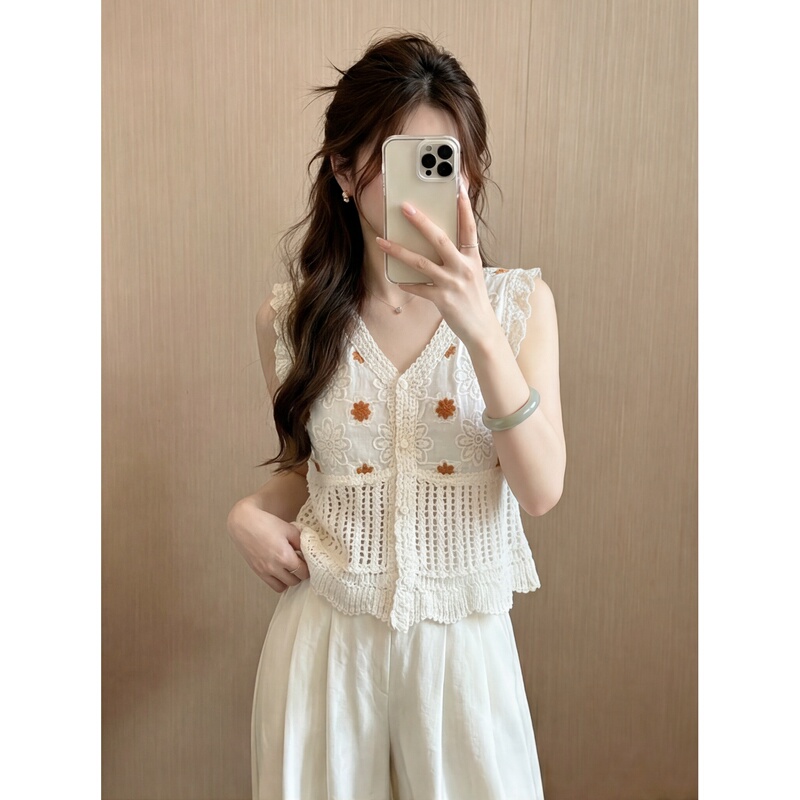 Pastoral Style Embossed Embroidered Hollow-Out Vest Cardigan for Women, Unique and Beautiful Summer Top with Small Flutter Sleeves