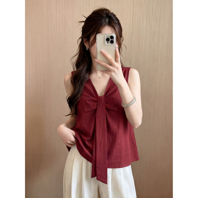 Red Twisted Ribbon V-Neck Vest Shirt for Women, Summer 2026 New Style, Loose Fit, Tummy-Covering Sleeveless Top