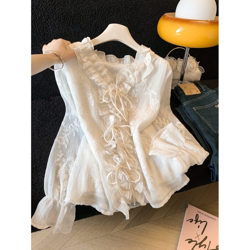 French Lace Embroidered Ruffled V-Neck Blouse for Women, Spring Wear, Unique and Beautiful, Super Nice-Looking, Can Be Worn Alone