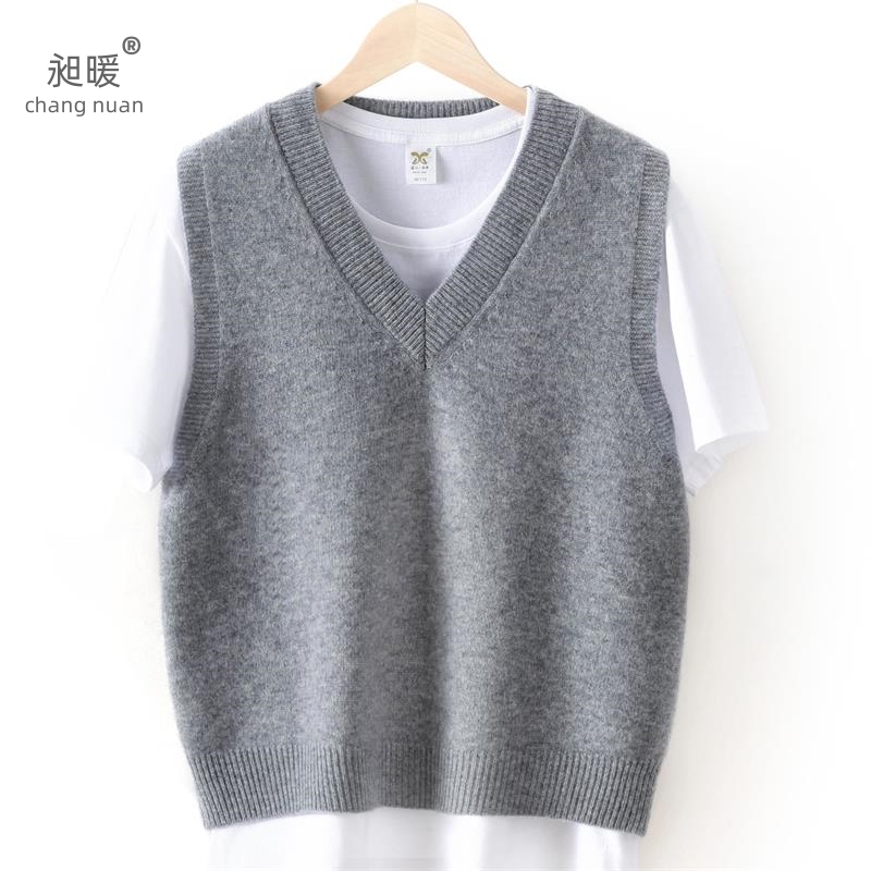 2026 Spring 100% Pure Wool V-Neck Knitted Vest for Women, Loose Sleeveless Cashmere Sweater Vest for Layering