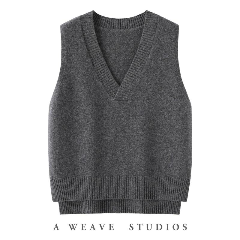 Autumn and Winter V-Neck Loose Casual Cashmere Knitted Vest for Women 100% Pure Wool Sleeveless Sweater Vest for Layering and Outerwear