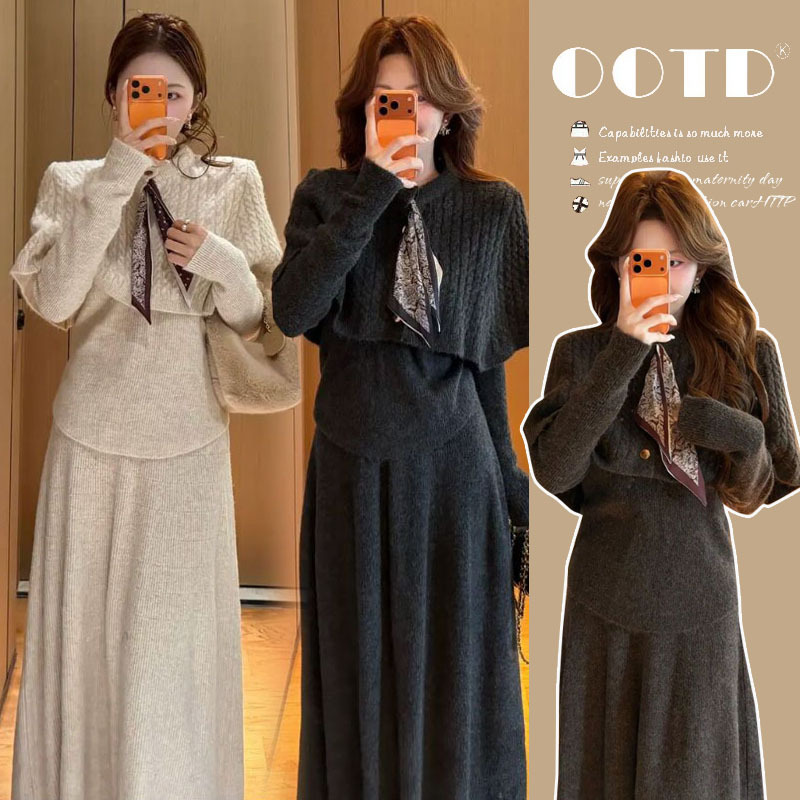 Maternity Wear Autumn and Winter Set 2026 New Fashion Cape, Base Shirt, and Skirt Three-Piece Set for Stylish Pregnancy Outfits Maternity Wear Autumn and Winter Set 2026 New Fashion Cape, Base Shirt, and Skirt Three-Piece Set for Stylish Pregnancy Outfits