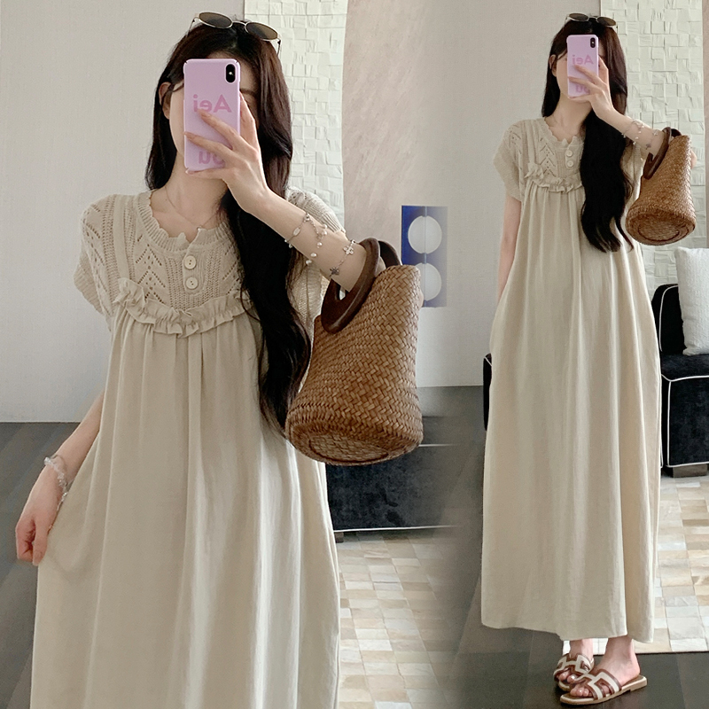 Maternity Summer Outfit 2026 New Style Knitted Hollow-Out Thin Top Korean-Style Suspender Skirt Two-Piece Set Stylish Outfit