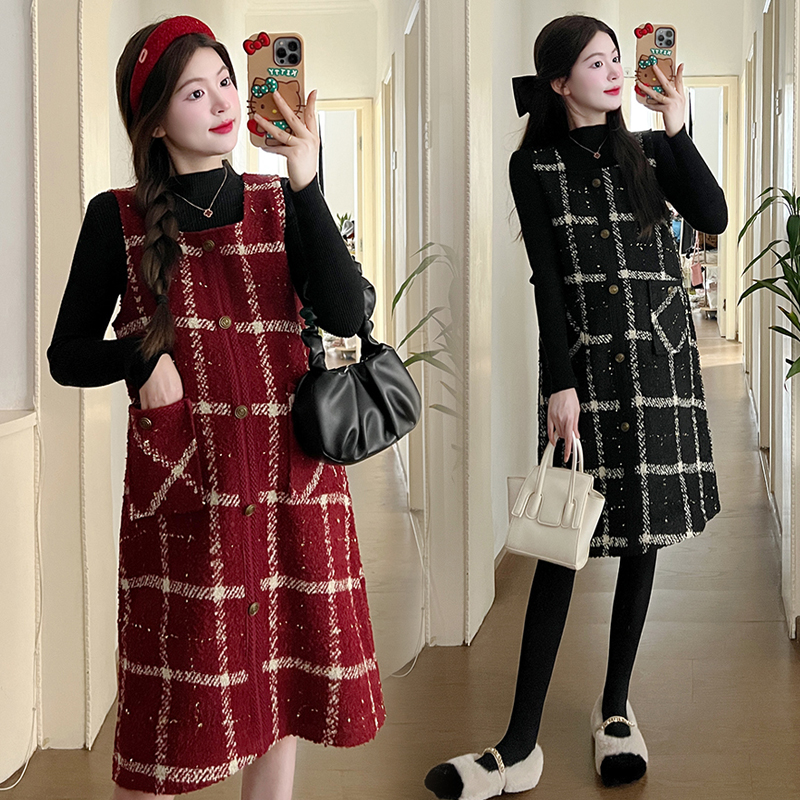 Pregnancy Woman Dress Autumn Winter New Year Suit Small Scent wind display slim fit Thickened Vest Skirt Beat undershirt Two sets of dress-Taobao