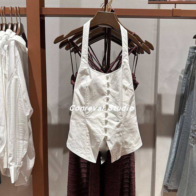 Sh&Ur2025 New Summer Women's Clothing, Sexy Style, Halter Neck, Button-Down, Slim-Fitting Vest Jacket, Short Top ins
