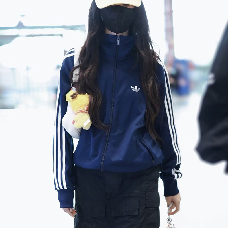 Jennie-Style Clover Korean Version Sports Stand-Collar Zip-Up Jacket for Men and Women, Dark Blue Three-Stripe Top Jacket