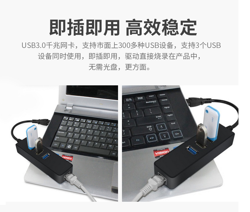 USB3.0千兆網卡+三口HUB 筆記本擴展分線器 1000M有線帶3口HUB|USB HUB/轉換器|ETMall東森購物網