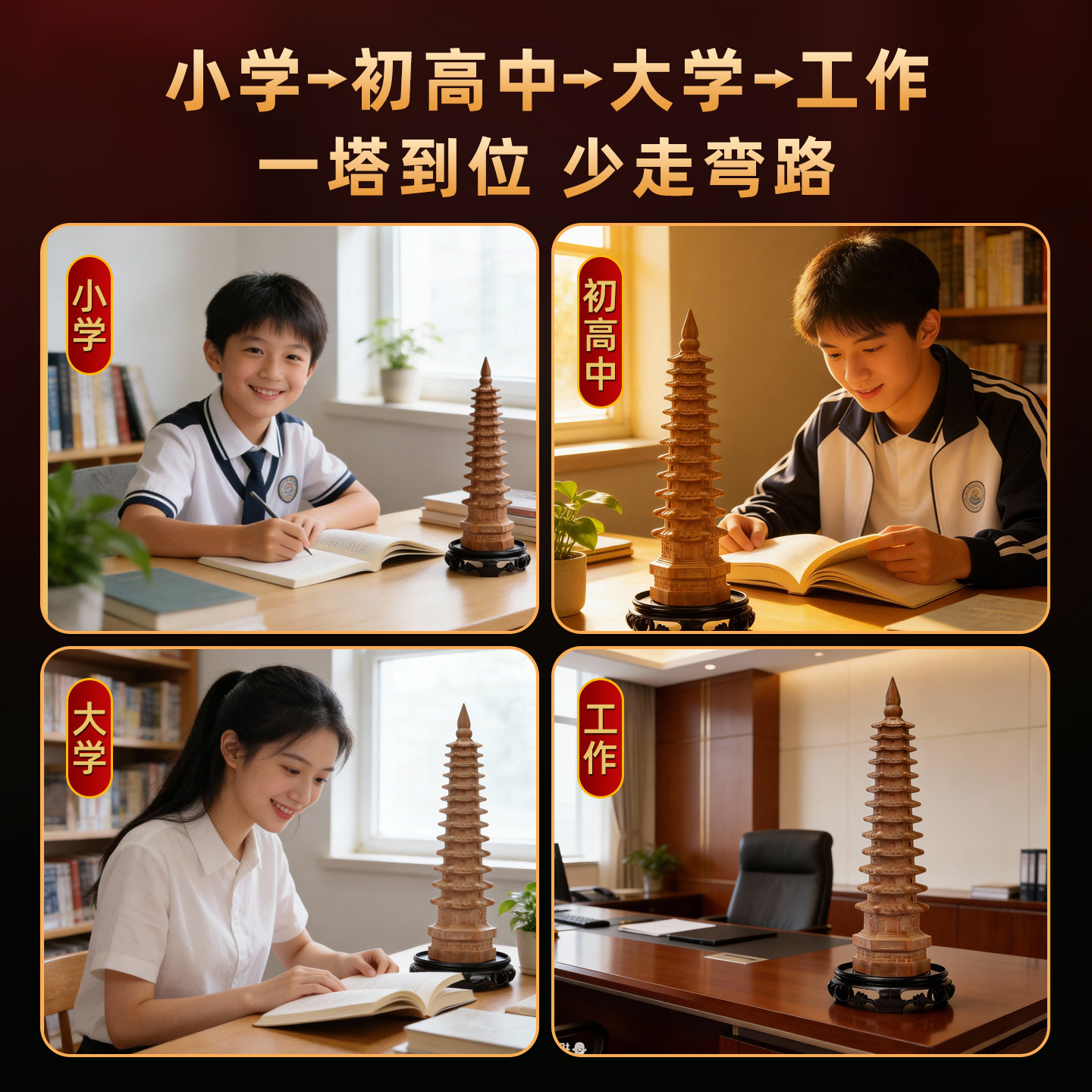 桃木文昌塔擺件 辦公室書房木製層塔學生書桌擺飾