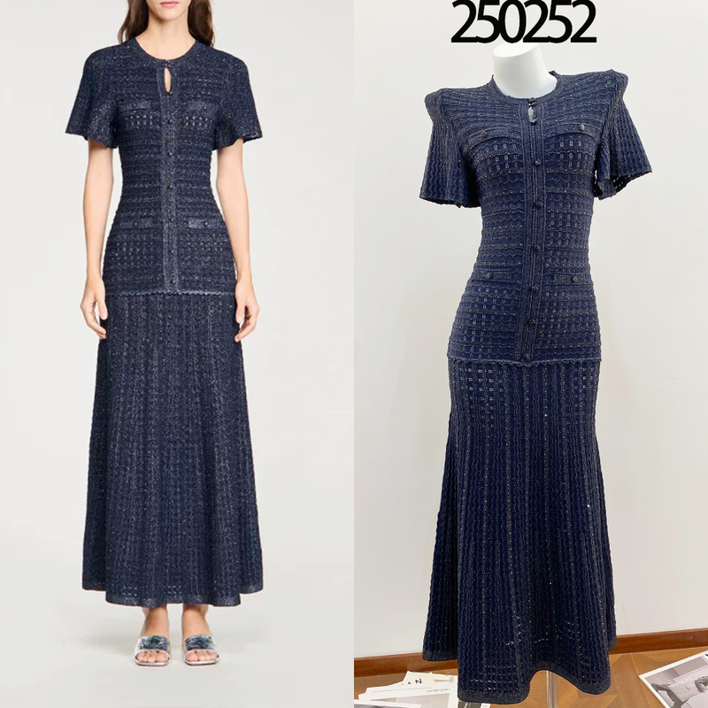 High-Quality Sd Brand 26 Spring New Heavy-Duty Rhinestone Hollow-Out Glitter Puff Sleeve Multi-Pocket Slim-Fit Round-Neck Dress