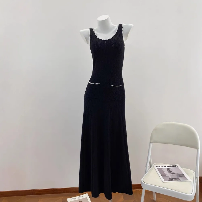 S Brand 2025 Autumn New Heavy Beaded Elegant French Floral Beaded Backless Knitted Dress + Cardigan for Women