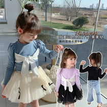 2022 female childrens clothing new bow Korean cotton long sleeve childrens T-shirt baby Foreign style base shirt tide