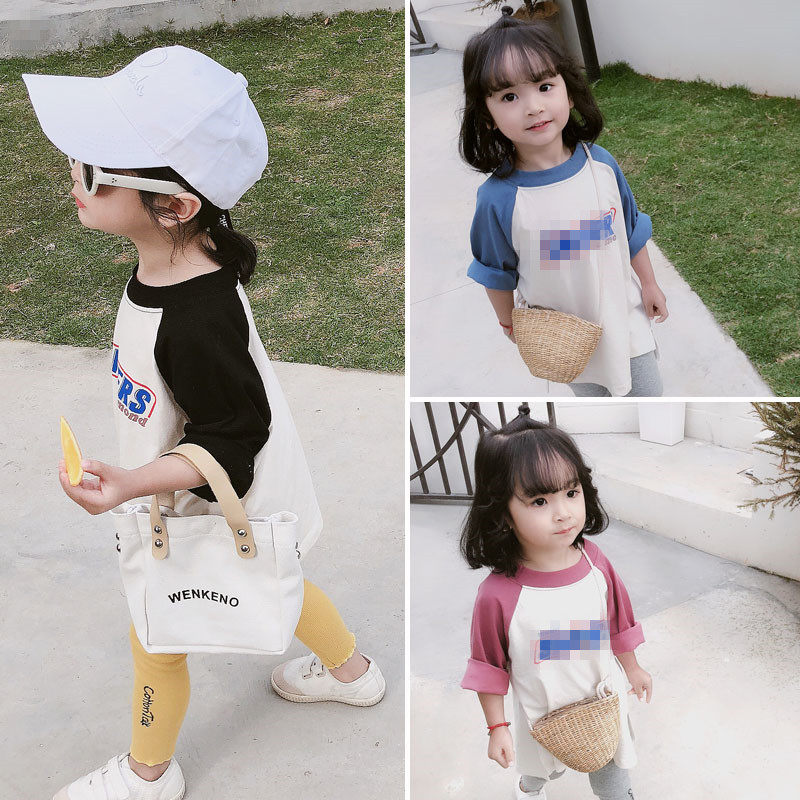2022 Girls dress Spring with new inserts Shoulder Sleeves Alphabet Korean version Children long sleeve T-shirt female baby clothes damp
