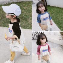 2022 female childrens clothing new shoulder sleeve letters Korean version of childrens long sleeve T-shirt female baby childrens clothes tide