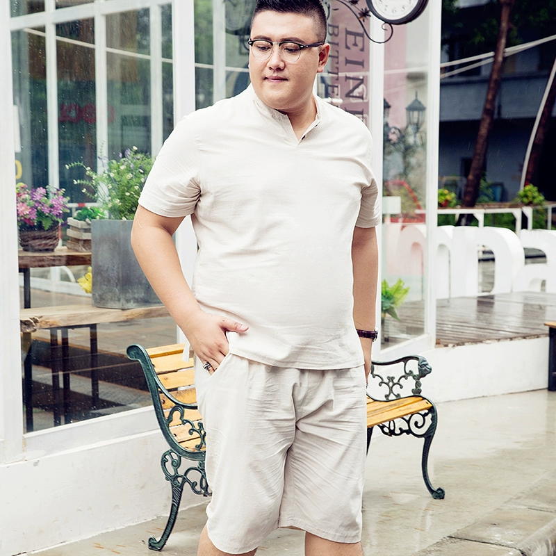 Vải lanh cotton plus fat plus size nam quần đùi áo phông giản dị phù hợp với thời trang 2020 xu hướng thời trang thương hiệu mùa hè Hàn Quốc ưu đãi đặc biệt - Bộ đồ