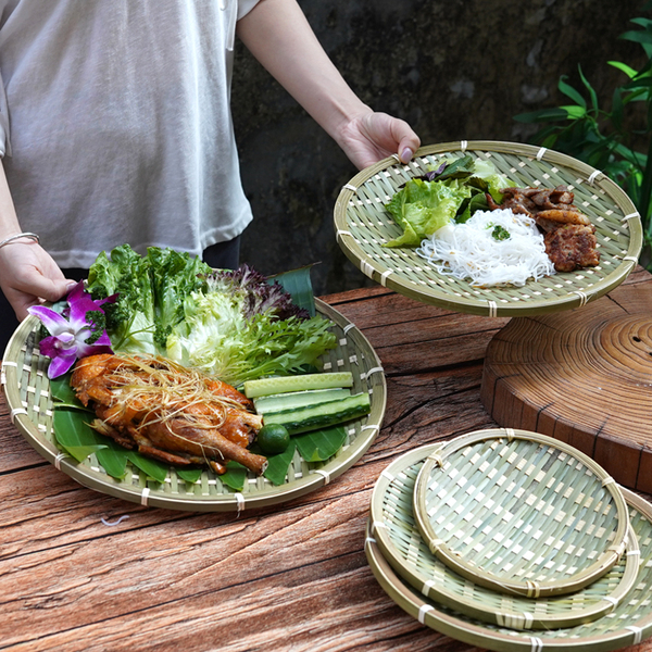 Bamboo Woven Round Plate Restaurant Hot Pot Shop Thai-Style Dish Plate Bamboo Woven Snack Platter Irregular-Shaped Barbecue Plate Restaurant Presentation Plate